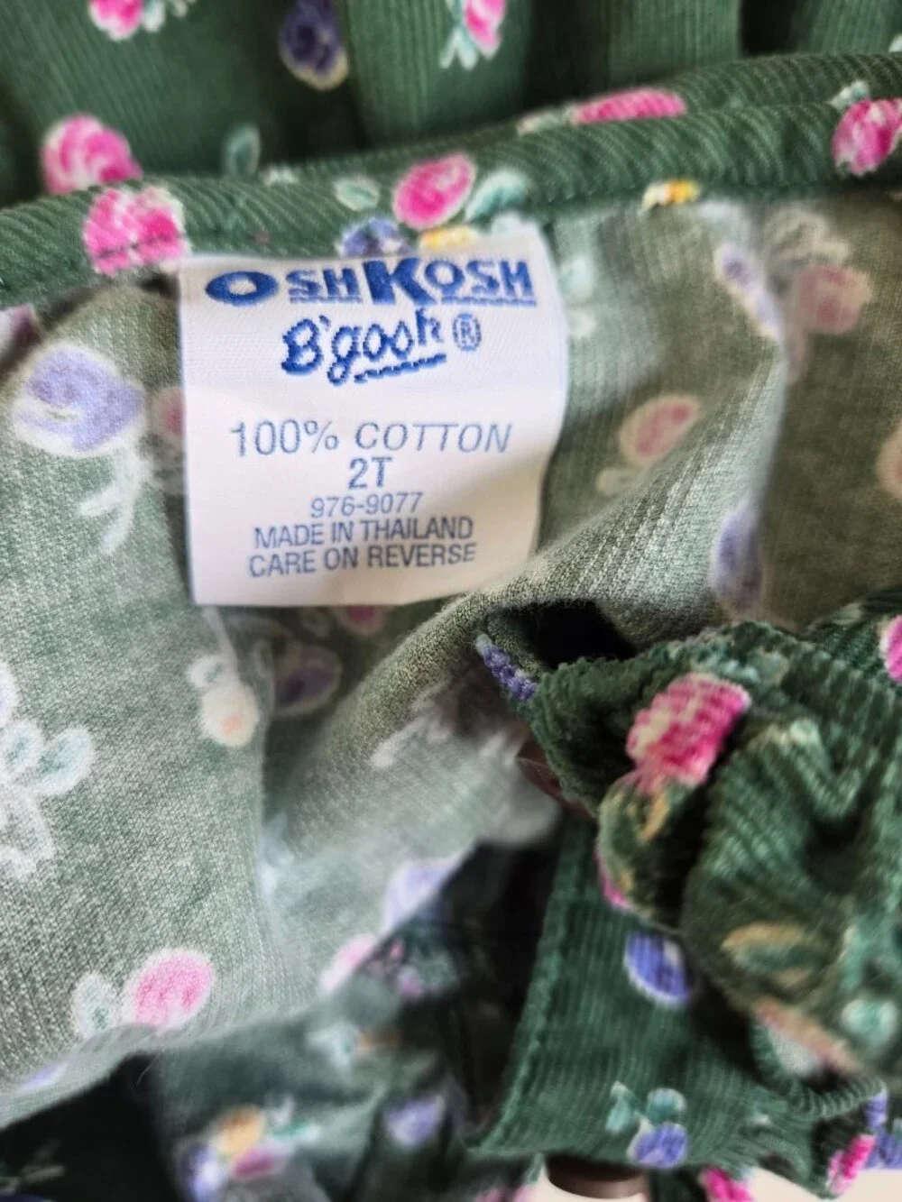 Vtg OshKosh Bgosh Green Floral Corduroy Dress 2T Long Sleeve Ruffled Buttons